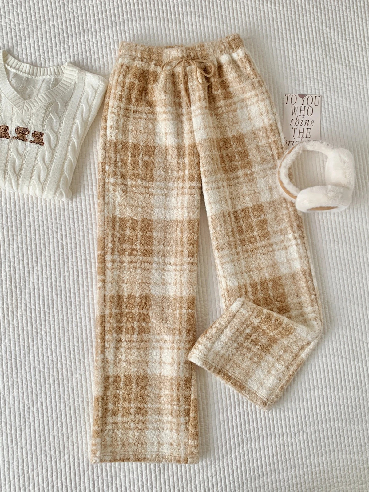 Women's Fuzzy Plush Pajama Pants, Wide Leg Lounge Pants with Drawstring Waist, Brown Plaid, view 7