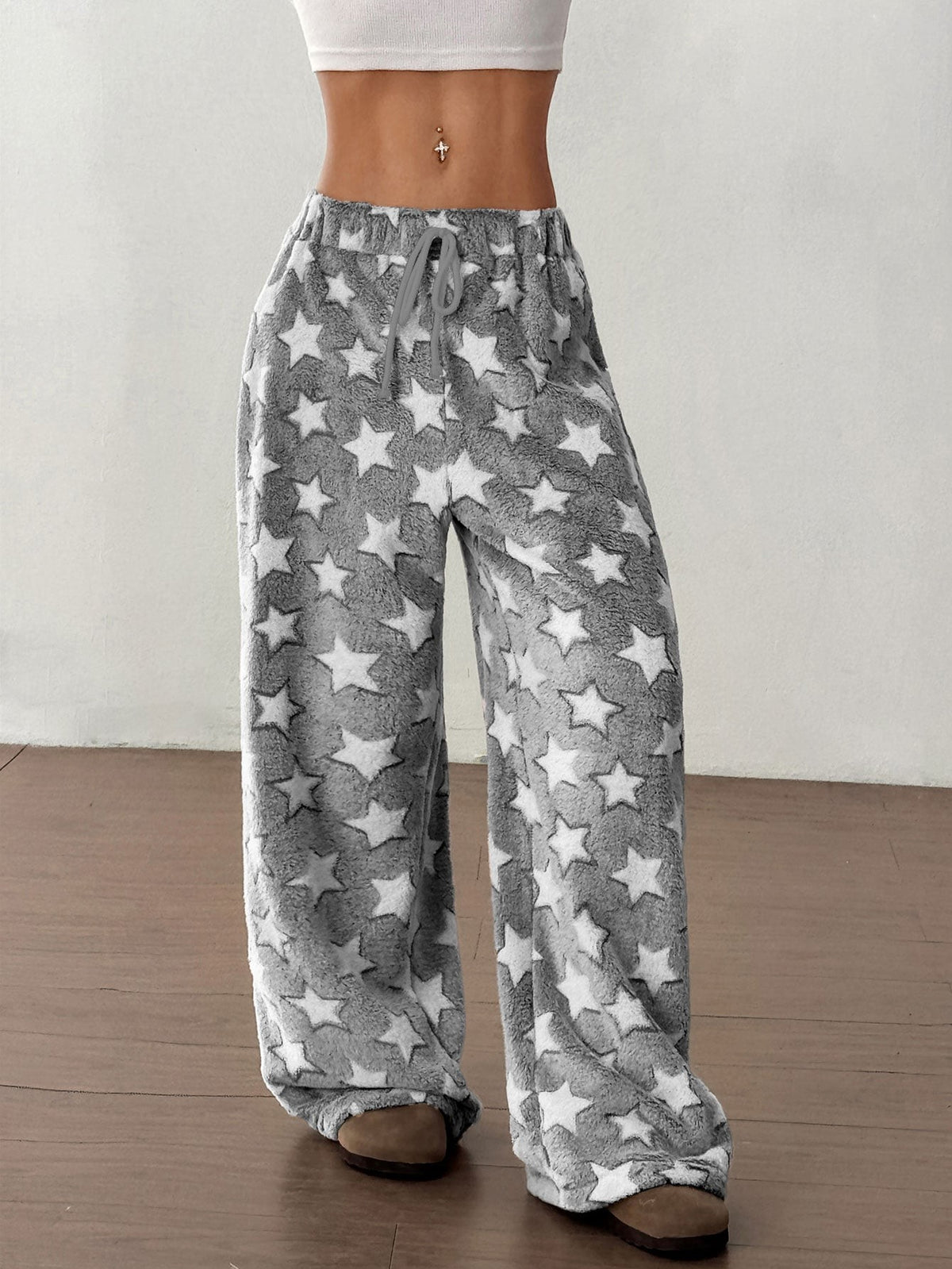 Women's Plush Pajama Pants with Star or Fair Isle Print, Wide Leg with Drawstring Waist, Gray Star, view 5