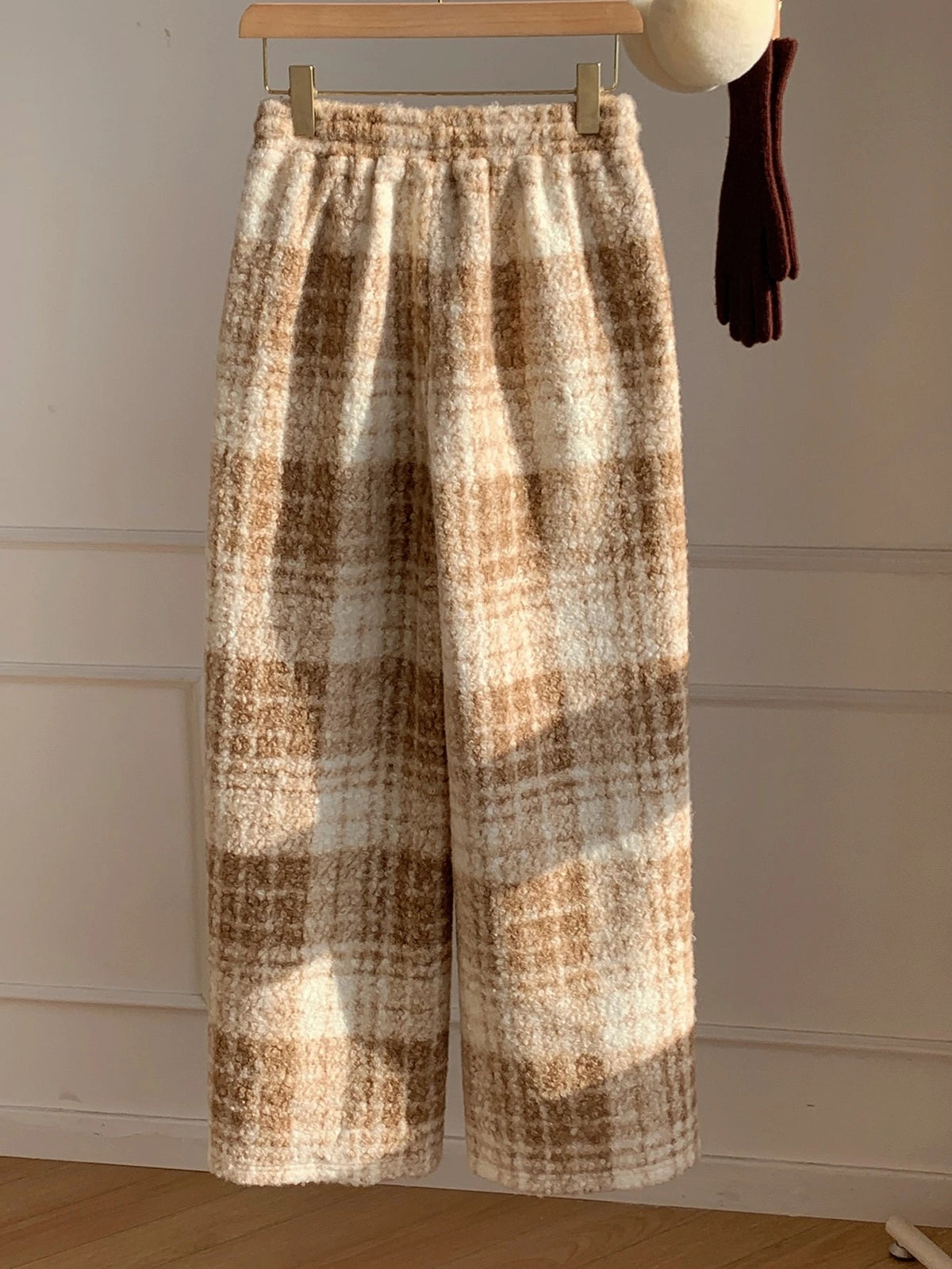 Women's Fuzzy Plush Pajama Pants, Wide Leg Lounge Pants with Drawstring Waist, Brown Plaid, view 6