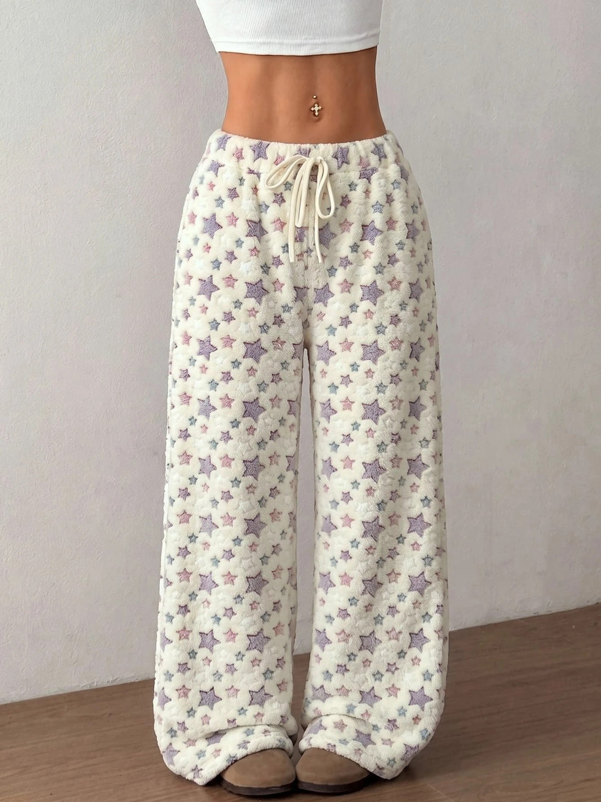 Women's Plush Pajama Pants with Star or Fair Isle Print, Wide Leg with Drawstring Waist, Cream Star, view 4