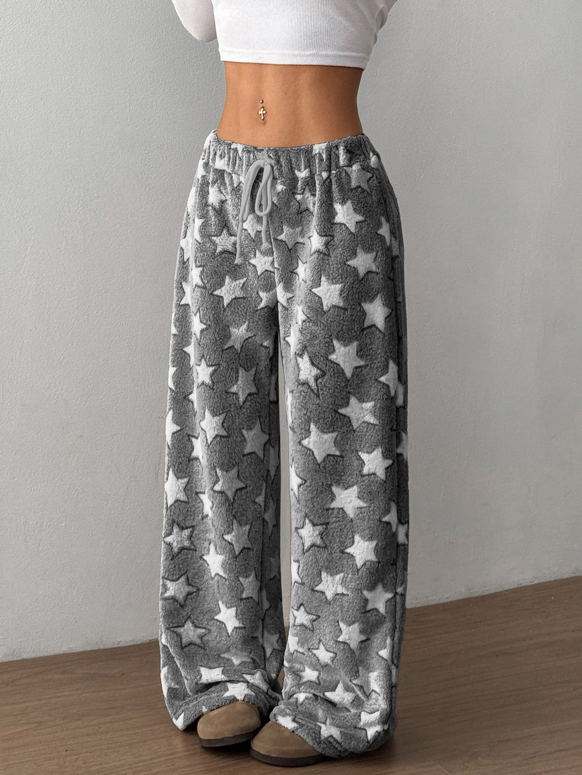 Women's Plush Pajama Pants with Star or Fair Isle Print, Wide Leg with Drawstring Waist, Gray Star, view 2