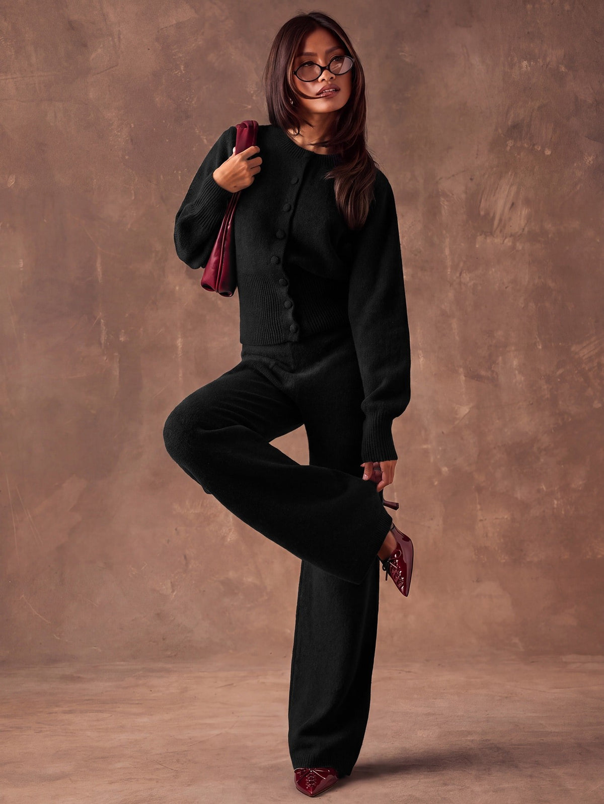 Women's Sweater Knit Lounge Set, Crew Neck Button Cardigan and Wide Leg Knit Pants, Black, view 2