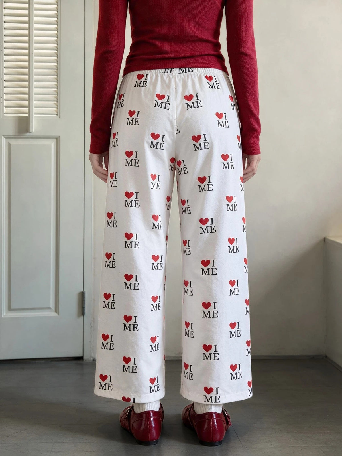 Women's Heart and Bear Print Pajama Pants, White Straight Leg Lounge Pants with Drawstring, White, view 2