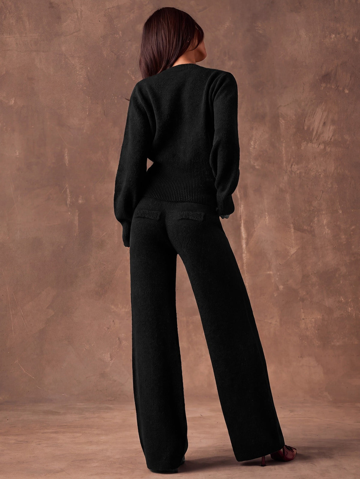Women's Sweater Knit Lounge Set, Crew Neck Button Cardigan and Wide Leg Knit Pants, Black, view 7