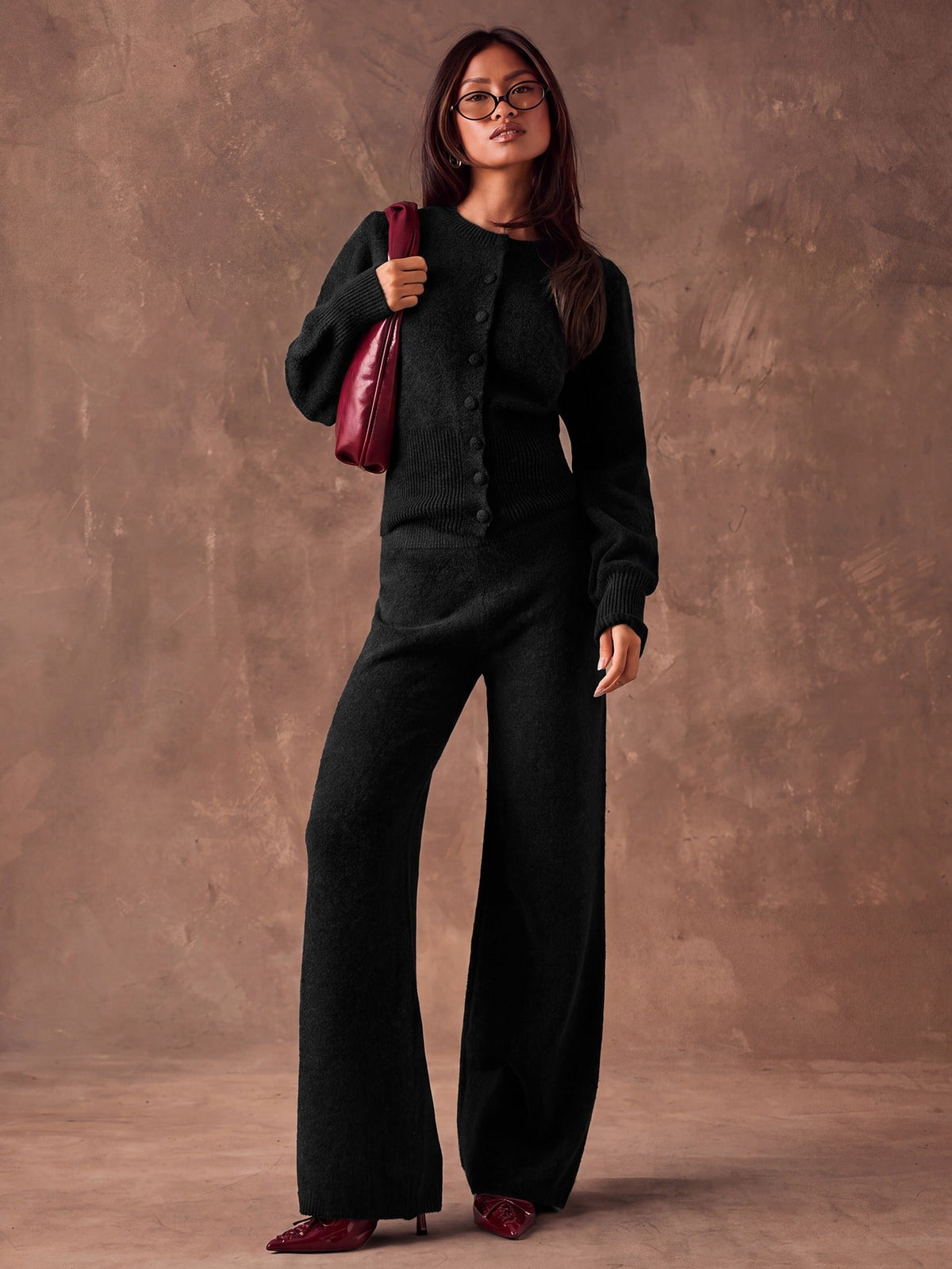 Women's Sweater Knit Lounge Set, Crew Neck Button Cardigan and Wide Leg Knit Pants, Black, view 3