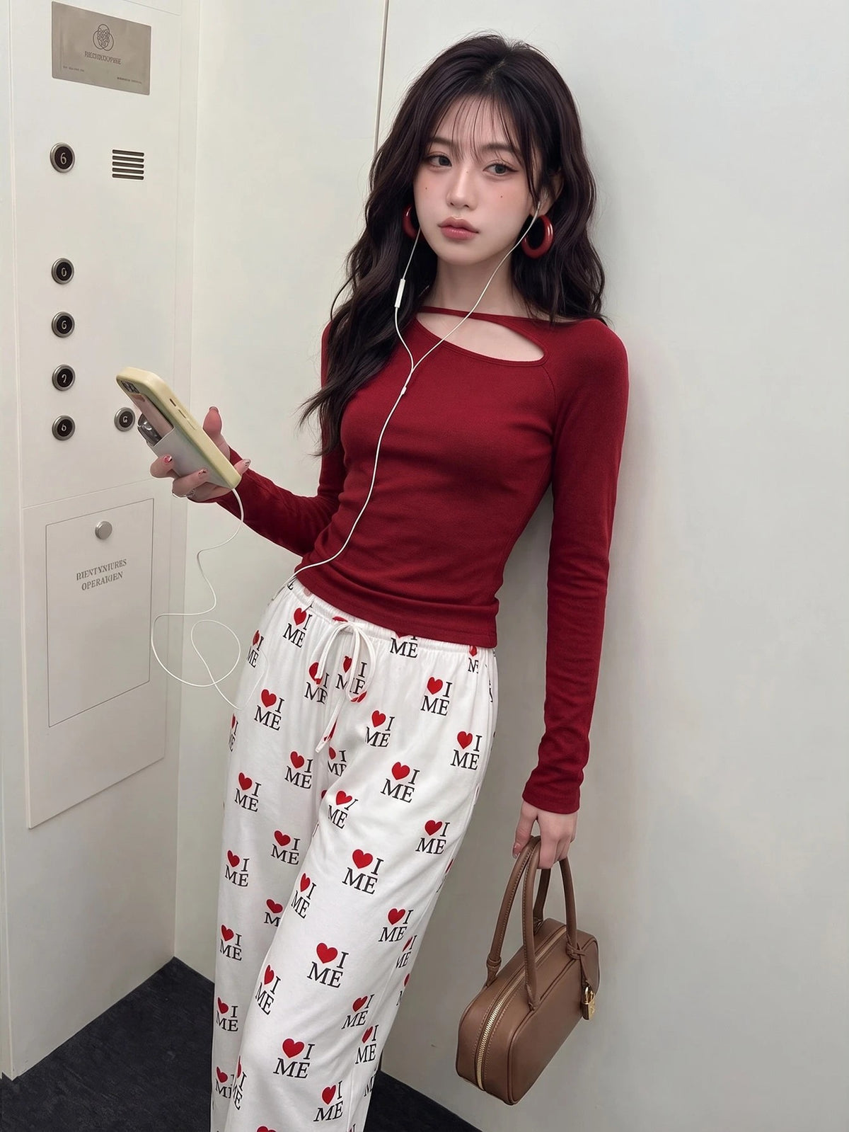 Women's Heart and Bear Print Pajama Pants, White Straight Leg Lounge Pants with Drawstring, White, view 7