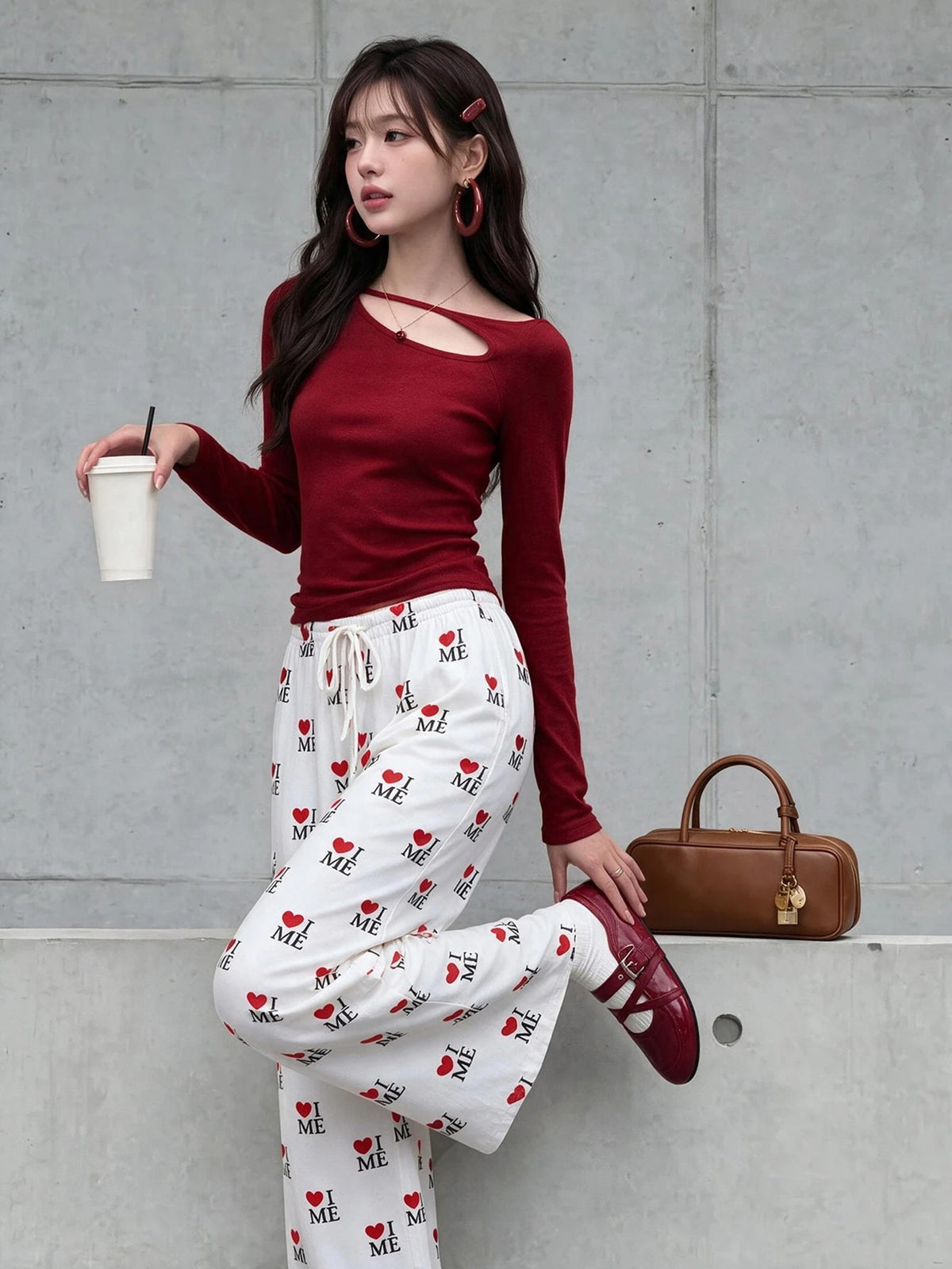 Women's Heart and Bear Print Pajama Pants, White Straight Leg Lounge Pants with Drawstring, White, view 3