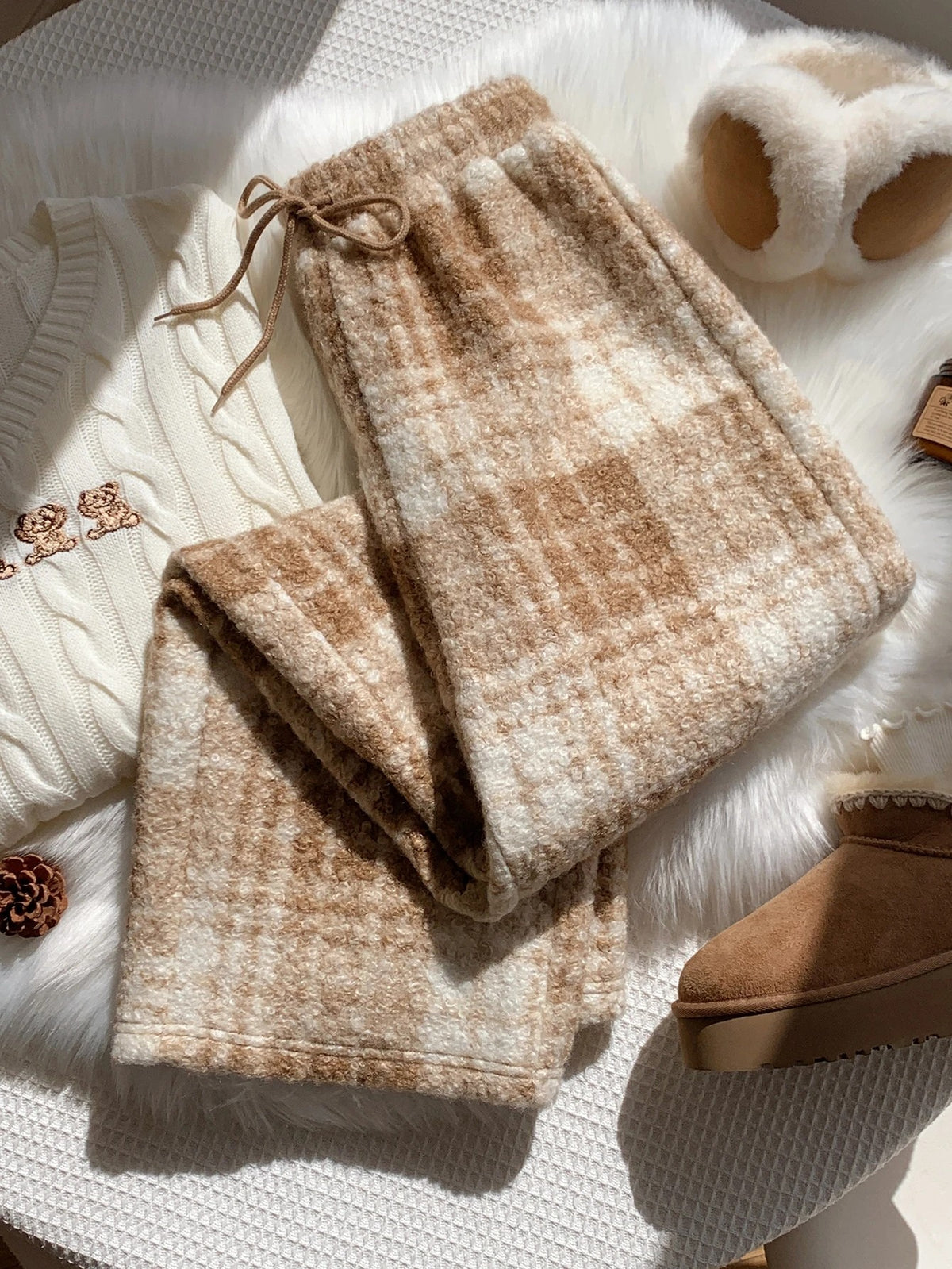 Women's Fuzzy Plush Pajama Pants, Wide Leg Lounge Pants with Drawstring Waist, Brown Plaid, view 4