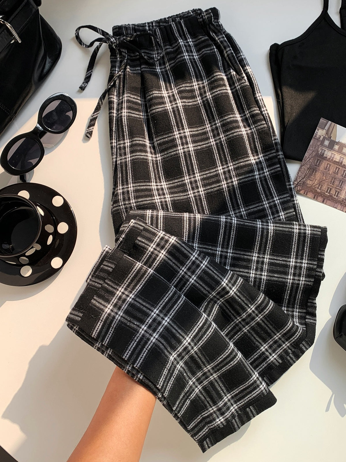 Women's Plaid Pajama Pants with Drawstring, Wide Leg Lounge Pants with Pockets, Black Plaid