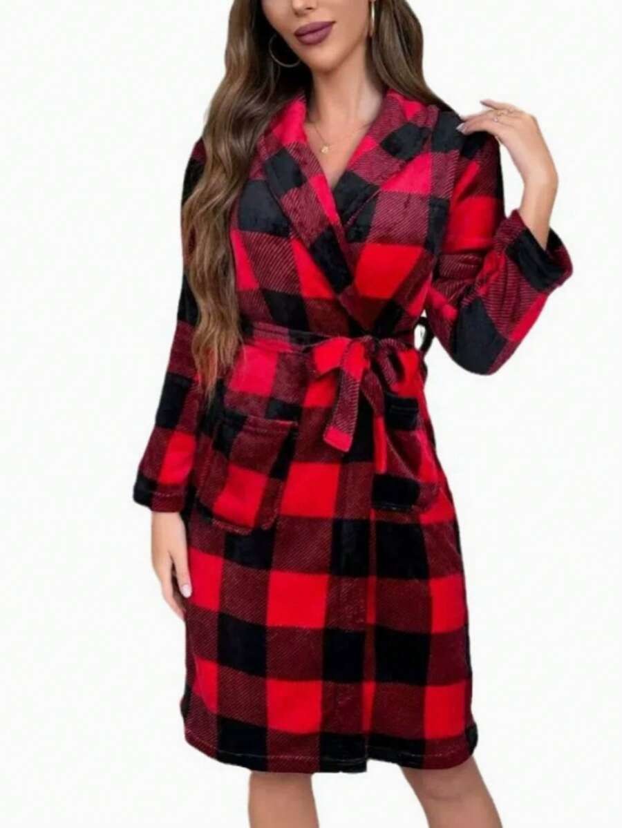 Women's Buffalo Plaid Robe, Red and Black Plush Bathrobe with Shawl Collar, Tie Belt and Pockets, Red/Black