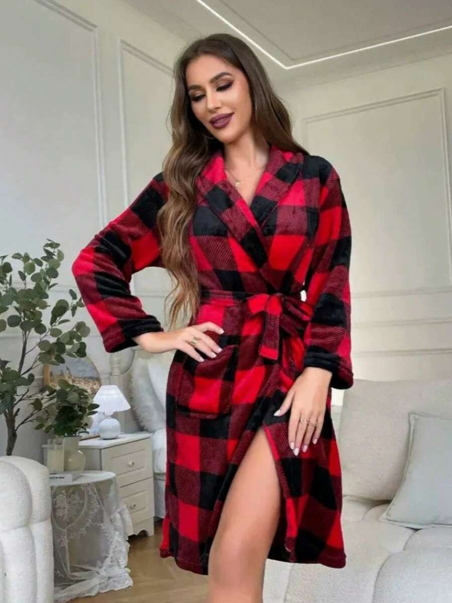 Women's Buffalo Plaid Robe, Red and Black Plush Bathrobe with Shawl Collar, Tie Belt and Pockets, Red/Black, view 2