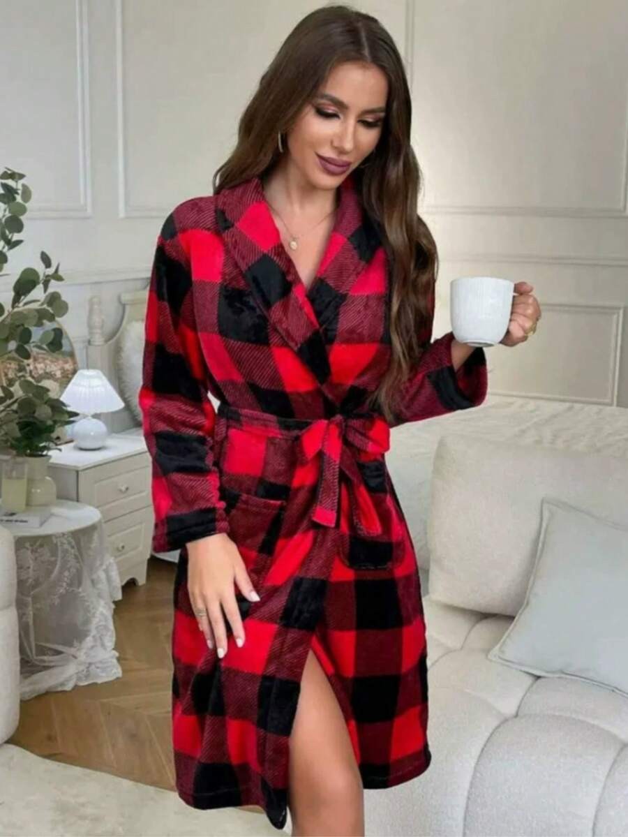 Women's Buffalo Plaid Robe, Red and Black Plush Bathrobe with Shawl Collar, Tie Belt and Pockets, Red/Black, view 4