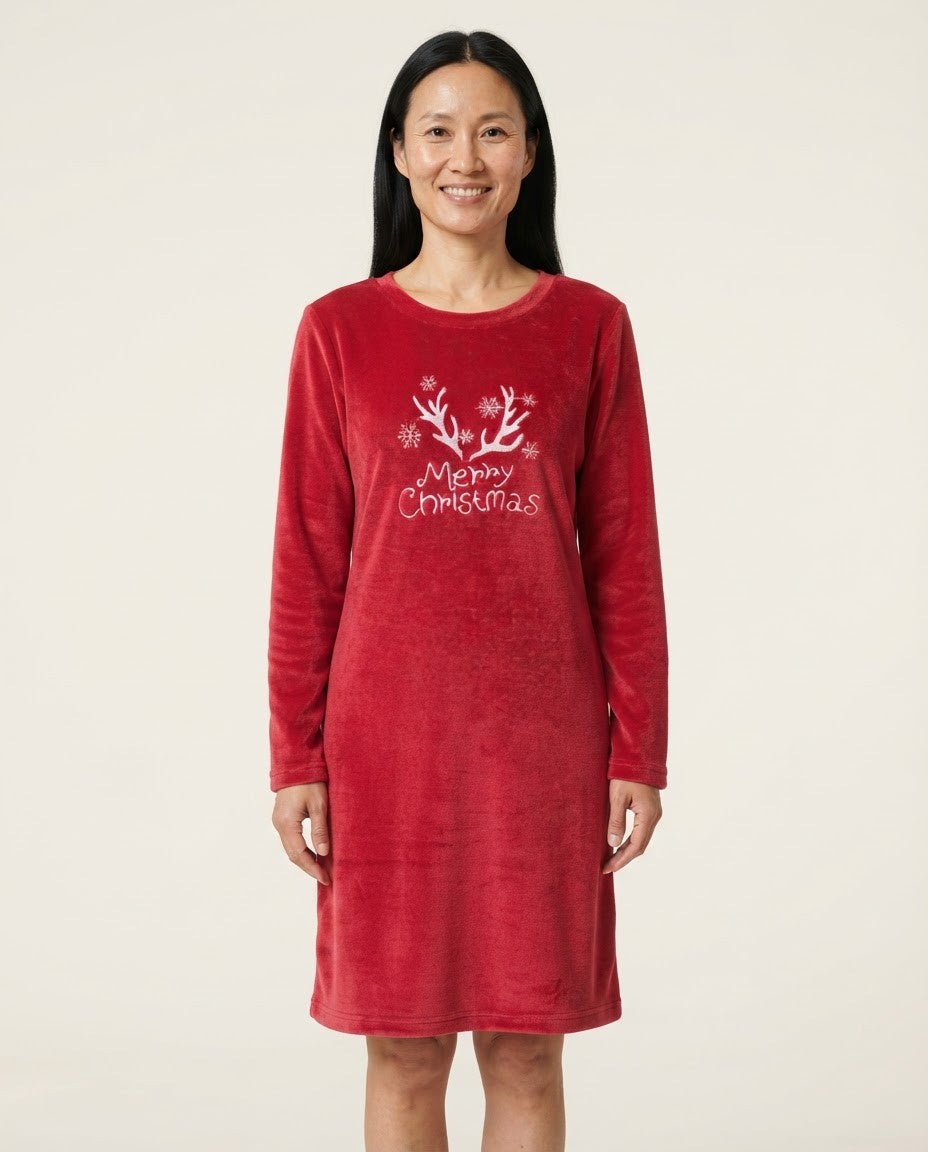 Women's Christmas Nightgown, Red Flannel Long Sleeve Sleep Dress with Embroidered Antlers, Red