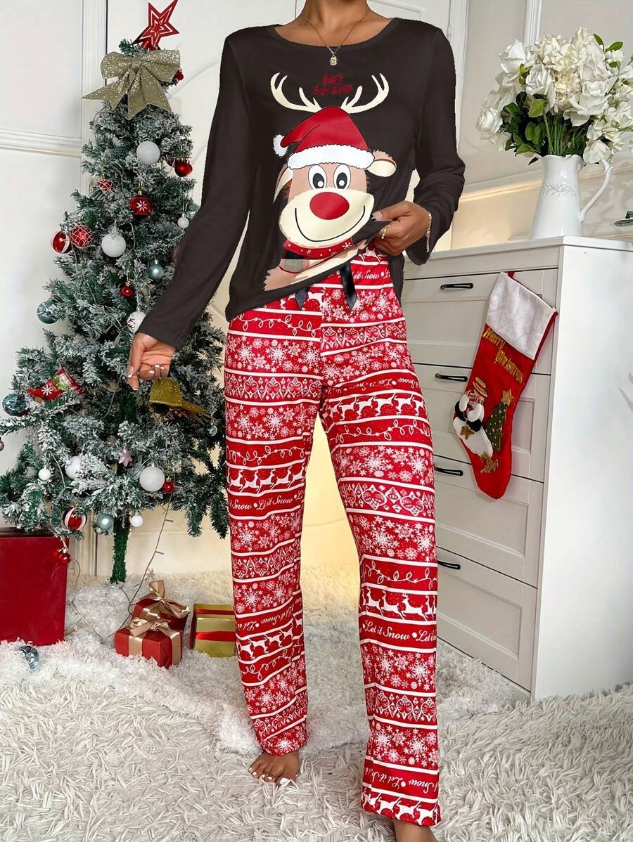 Women's Christmas Pajama Set, Black Long Sleeve Reindeer Top and Red Snowflake Print Pants, Black/Red