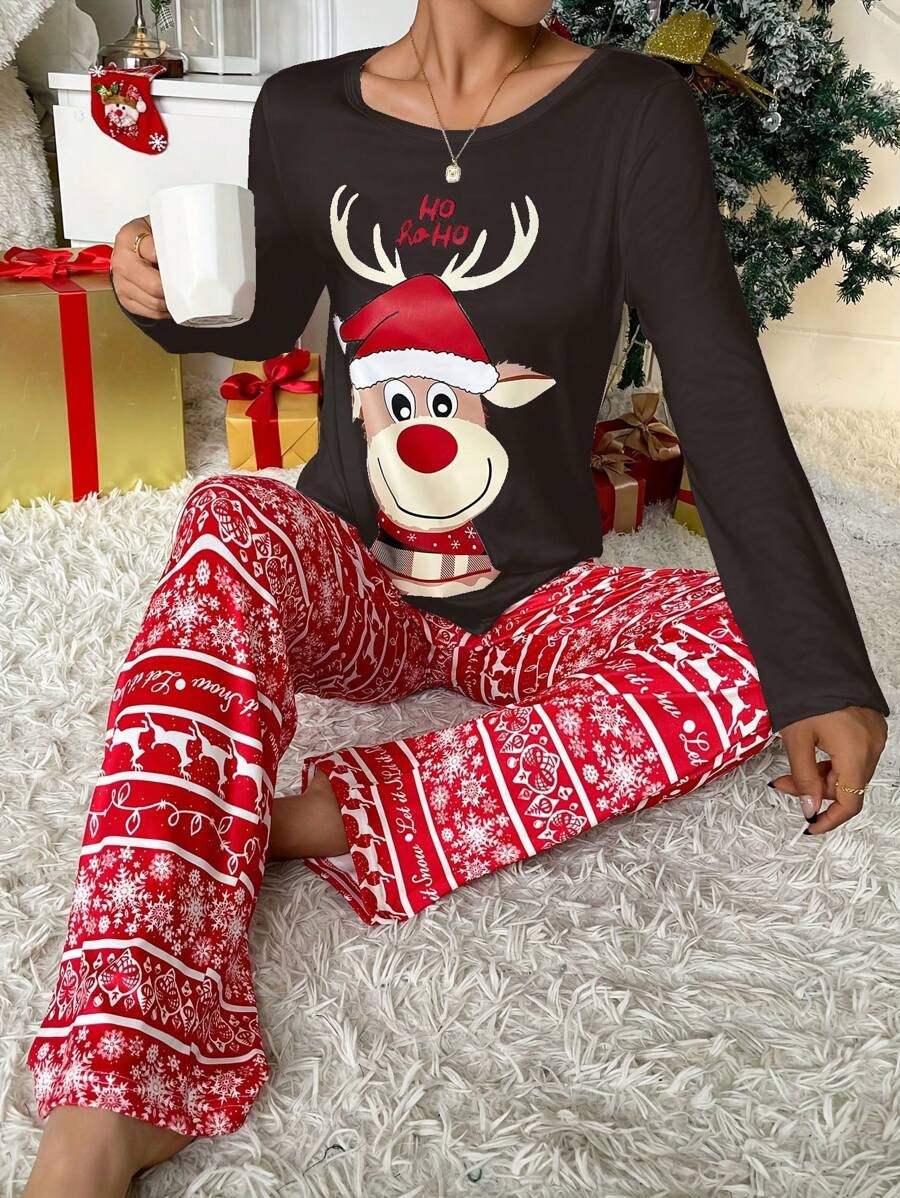 Women's Christmas Pajama Set, Black Long Sleeve Reindeer Top and Red Snowflake Print Pants, Black/Red, view 2