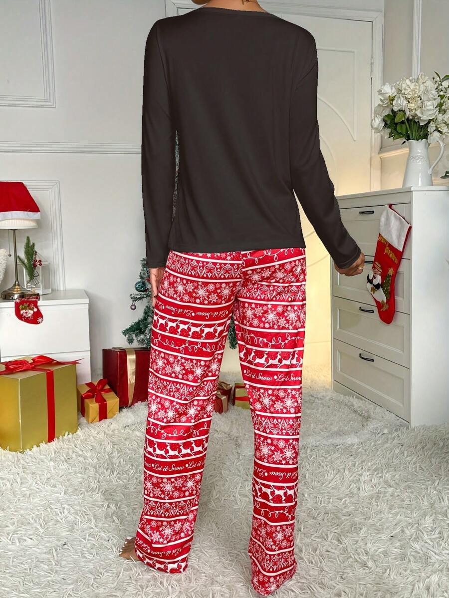 Women's Christmas Pajama Set, Black Long Sleeve Reindeer Top and Red Snowflake Print Pants, Black/Red, view 3