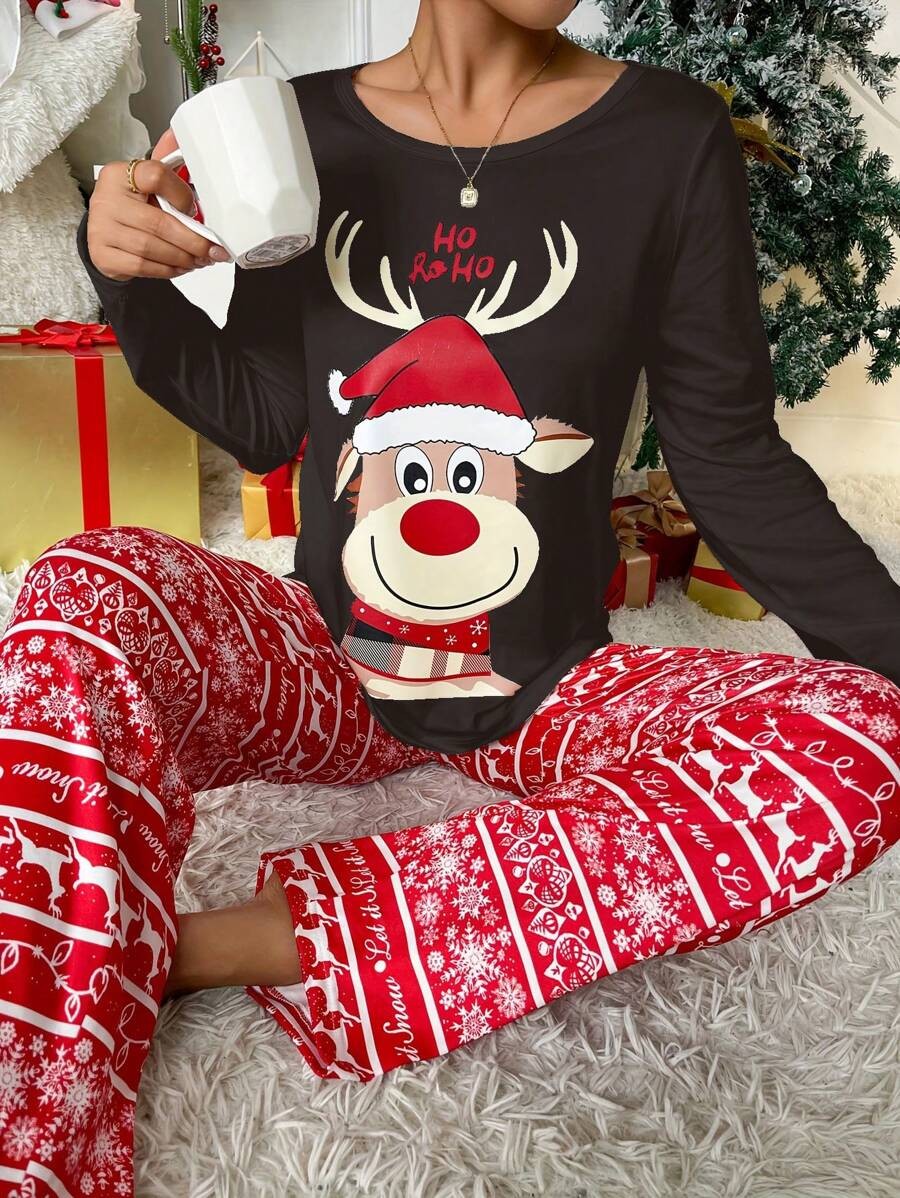 Women's Christmas Pajama Set, Black Long Sleeve Reindeer Top and Red Snowflake Print Pants, Black/Red, view 4