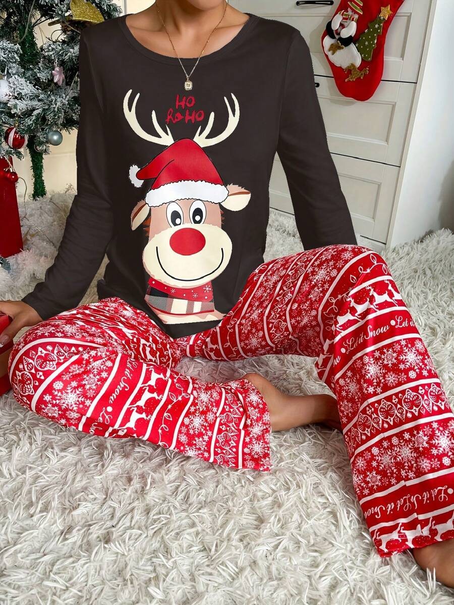 Women's Christmas Pajama Set, Black Long Sleeve Reindeer Top and Red Snowflake Print Pants, Black/Red, view 5