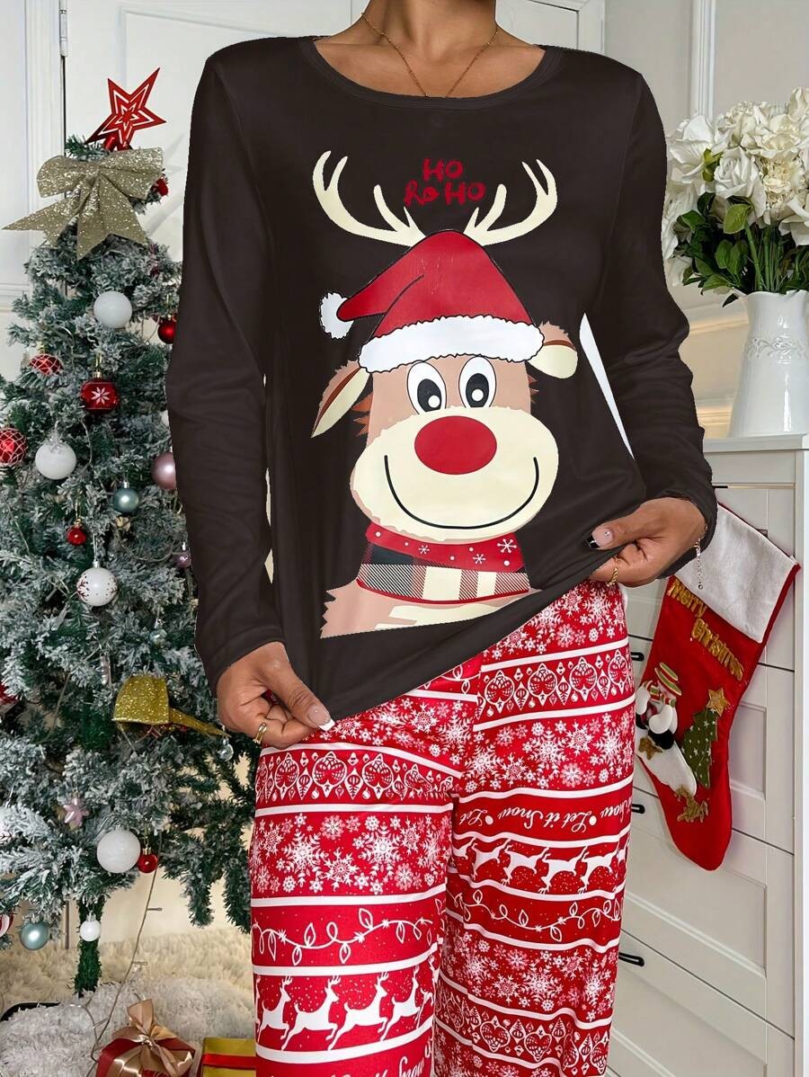 Women's Christmas Pajama Set, Black Long Sleeve Reindeer Top and Red Snowflake Print Pants, Black/Red, view 6