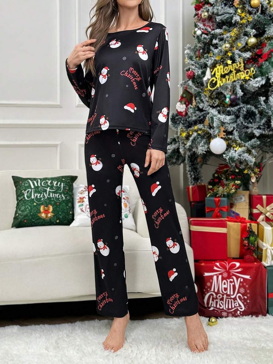 Women's Christmas Pajama Set, Black Snowman and Santa Hat Print Long Sleeve Tee and Pants, Black