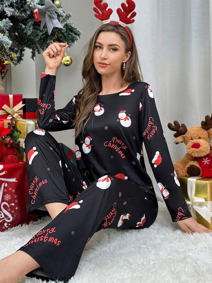 Women's Christmas Pajama Set, Black Snowman and Santa Hat Print Long Sleeve Tee and Pants, Black, view 2