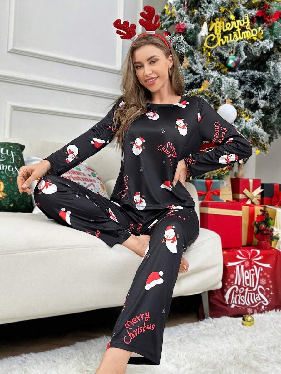 Women's Christmas Pajama Set, Black Snowman and Santa Hat Print Long Sleeve Tee and Pants, Black, view 3
