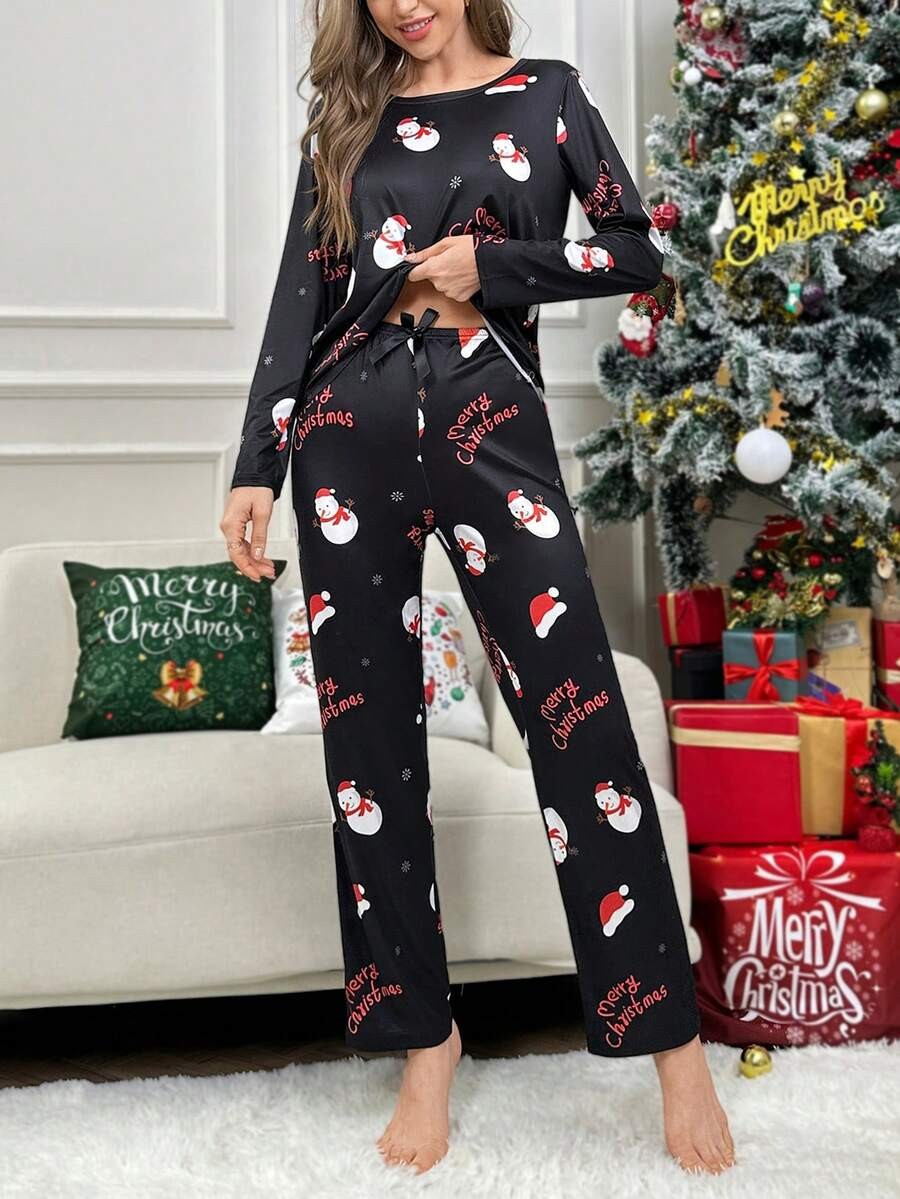 Women's Christmas Pajama Set, Black Snowman and Santa Hat Print Long Sleeve Tee and Pants, Black, view 4
