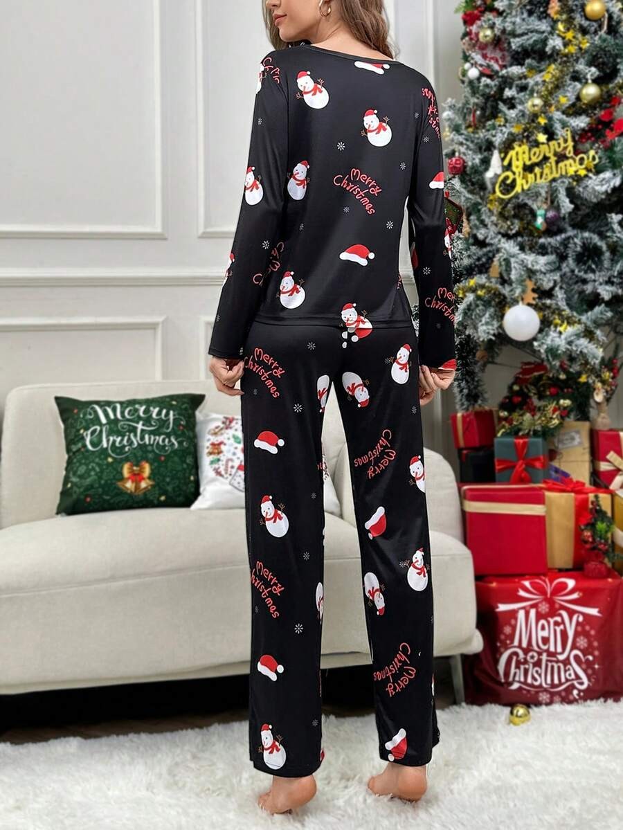 Women's Christmas Pajama Set, Black Snowman and Santa Hat Print Long Sleeve Tee and Pants, Black, view 5
