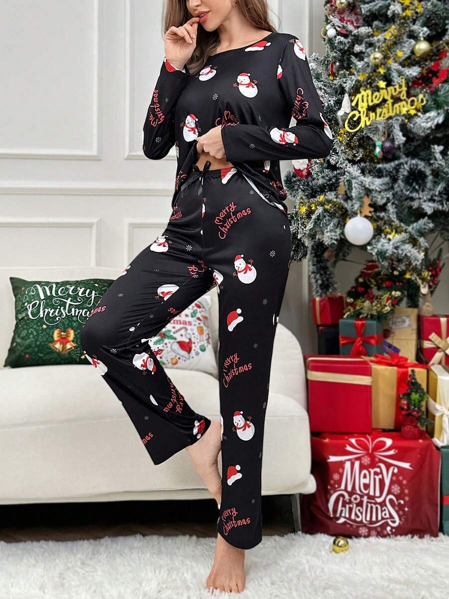 Women's Christmas Pajama Set, Black Snowman and Santa Hat Print Long Sleeve Tee and Pants, Black, view 6