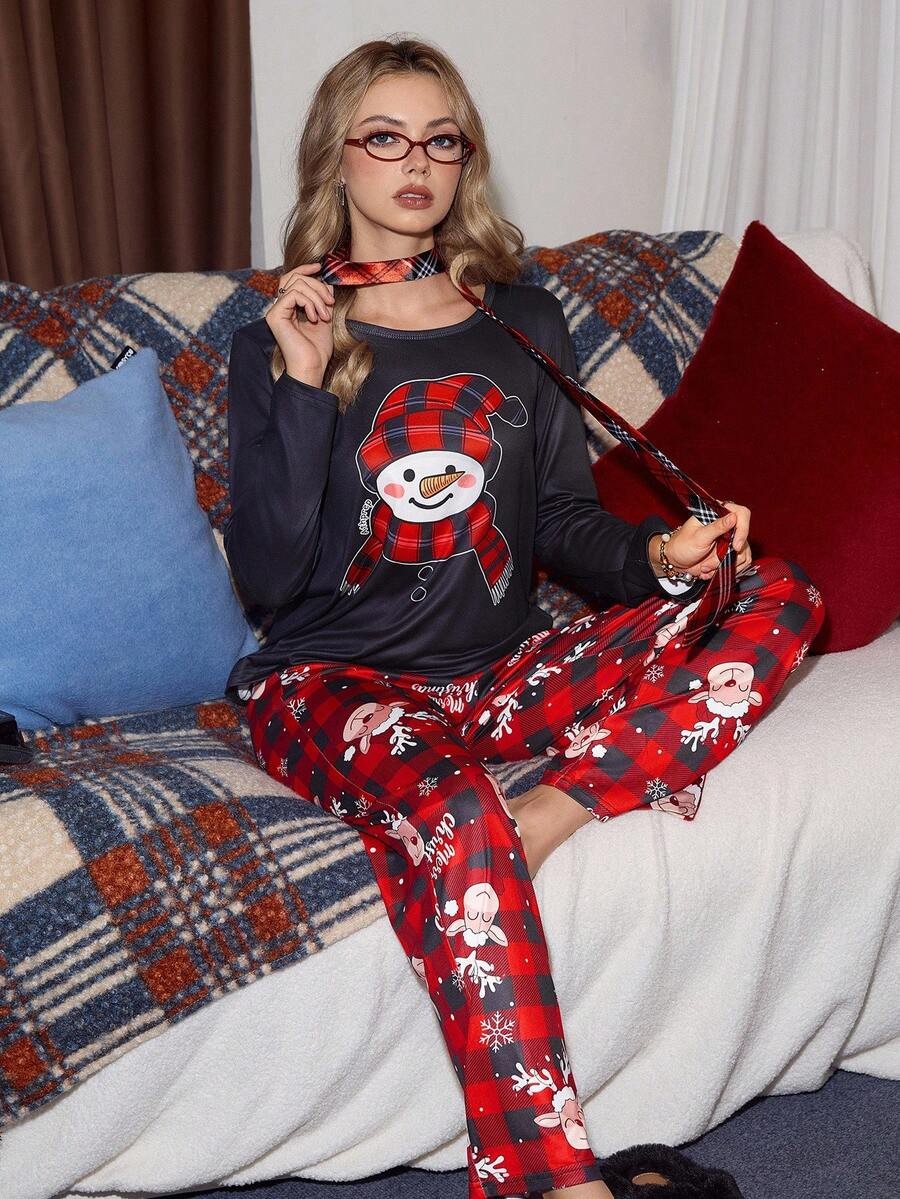 Women's Christmas Pajama Set, Black Snowman Top and Red Buffalo Plaid Pants with Reindeer, Black/Red, view 5