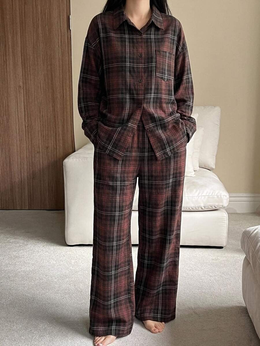 Women's Christmas Pajama Set, Burgundy Plaid Oversized Button-Down Shirt and Wide Leg Pants, Burgundy