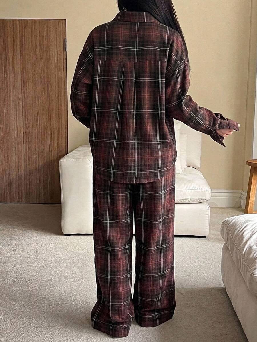 Women's Christmas Pajama Set, Burgundy Plaid Oversized Button-Down Shirt and Wide Leg Pants, Burgundy, view 2