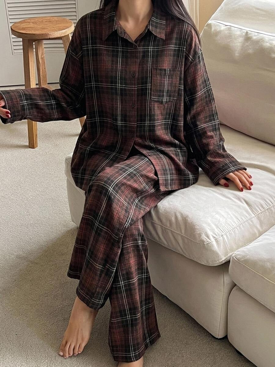 Women's Christmas Pajama Set, Burgundy Plaid Oversized Button-Down Shirt and Wide Leg Pants, Burgundy, view 3