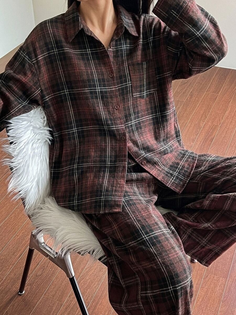Women's Christmas Pajama Set, Burgundy Plaid Oversized Button-Down Shirt and Wide Leg Pants, Burgundy, view 4