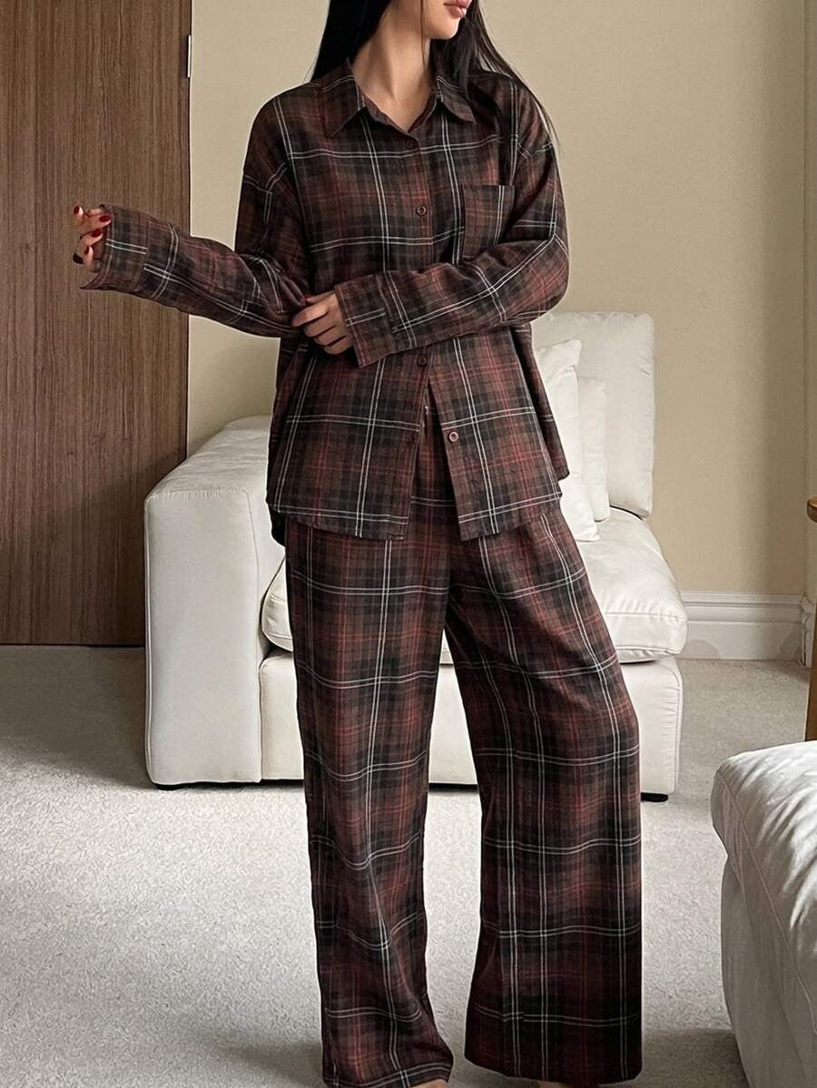 Women's Christmas Pajama Set, Burgundy Plaid Oversized Button-Down Shirt and Wide Leg Pants, Burgundy, view 5