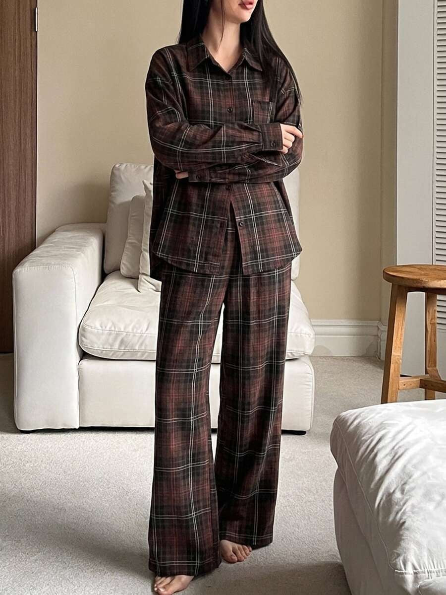 Women's Christmas Pajama Set, Burgundy Plaid Oversized Button-Down Shirt and Wide Leg Pants, Burgundy, view 6