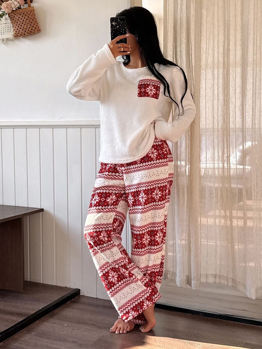 Women's Christmas Pajama Set, Cream Fleece Long Sleeve Top and Red Fair Isle Snowflake Pants, Cream/Red, view 5