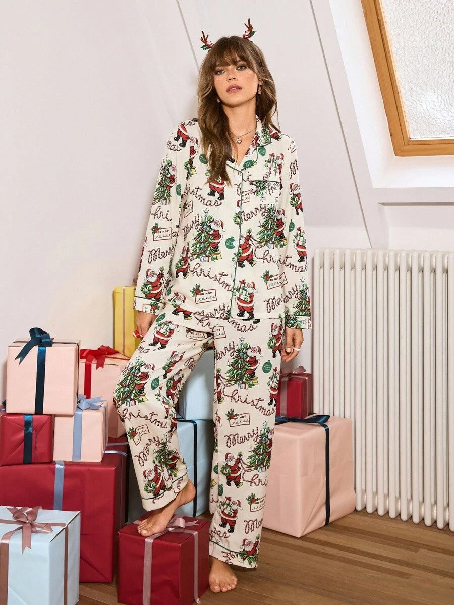 Women's Christmas Pajama Set, Cream Santa Claus Print Button-Down Top and Pants with Piping, Cream