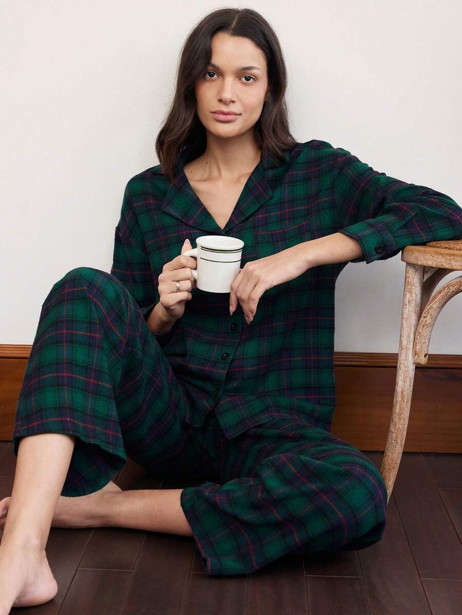 Women's Christmas Pajama Set, Dark Green Plaid Button-Down Top and Wide Leg Pants, Dark Green