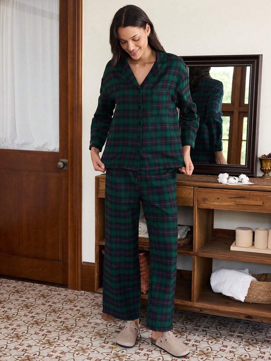 Women's Christmas Pajama Set, Dark Green Plaid Button-Down Top and Wide Leg Pants, Dark Green, view 2