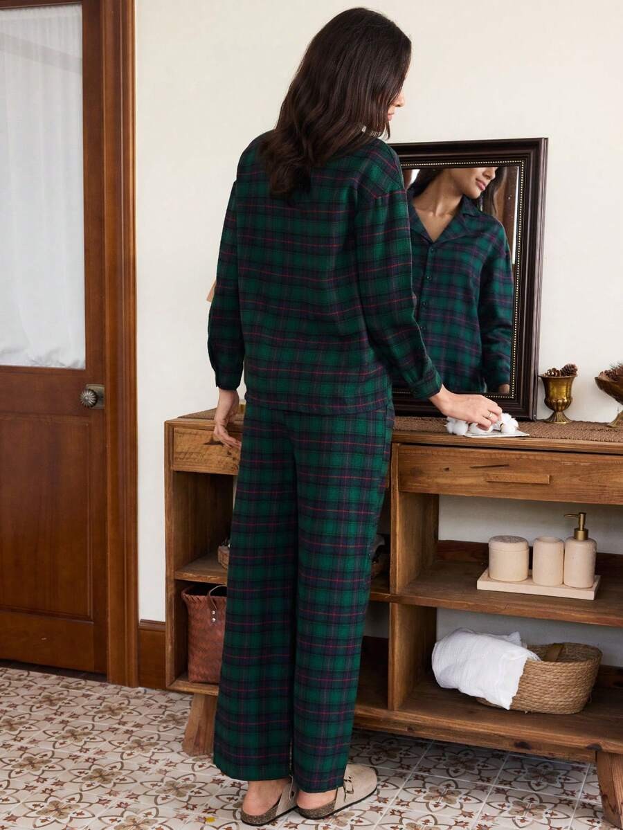 Women's Christmas Pajama Set, Dark Green Plaid Button-Down Top and Wide Leg Pants, Dark Green, view 3