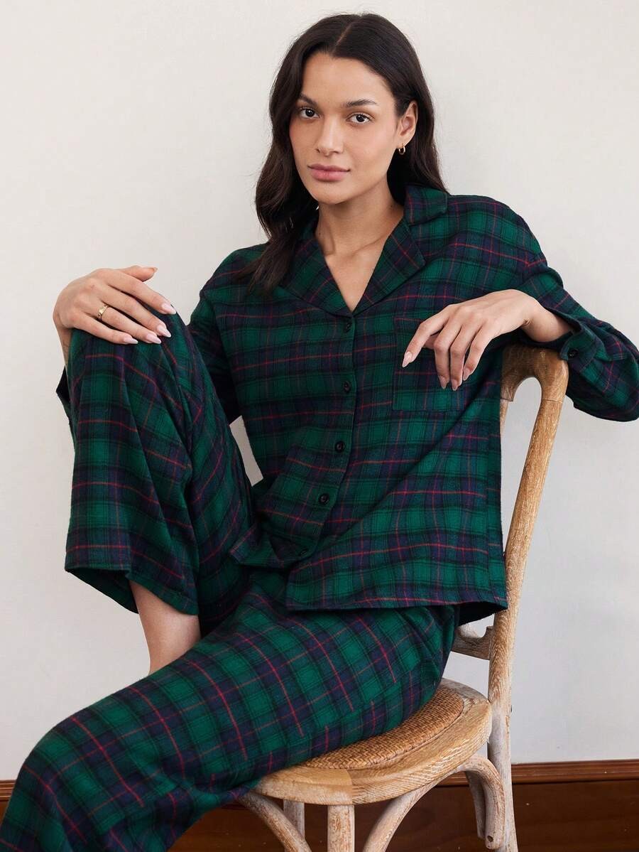Women's Christmas Pajama Set, Dark Green Plaid Button-Down Top and Wide Leg Pants, Dark Green, view 4