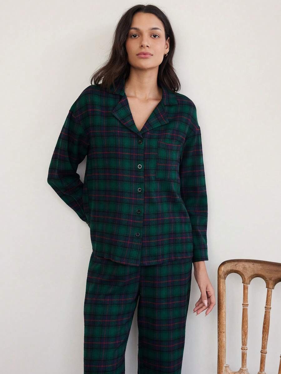 Women's Christmas Pajama Set, Dark Green Plaid Button-Down Top and Wide Leg Pants, Dark Green, view 5