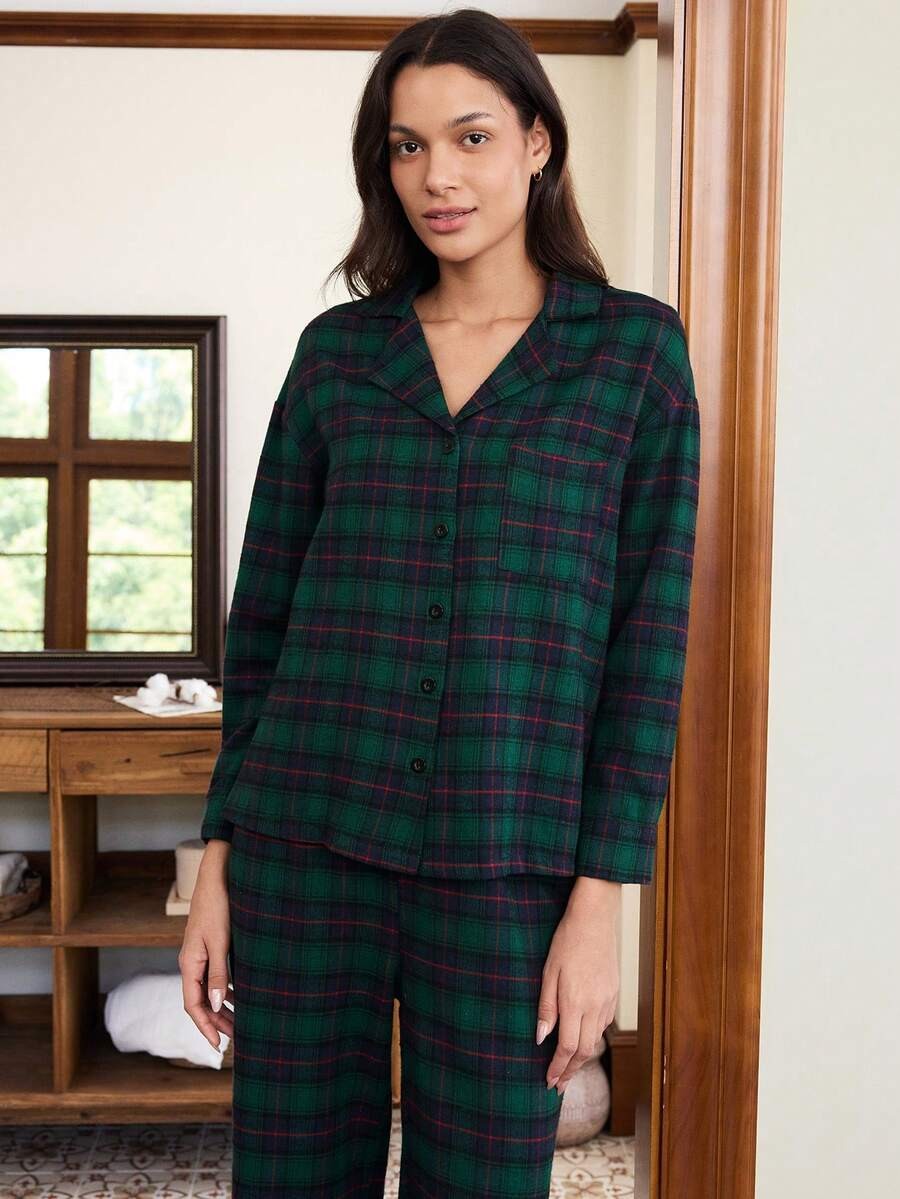 Women's Christmas Pajama Set, Dark Green Plaid Button-Down Top and Wide Leg Pants, Dark Green, view 6