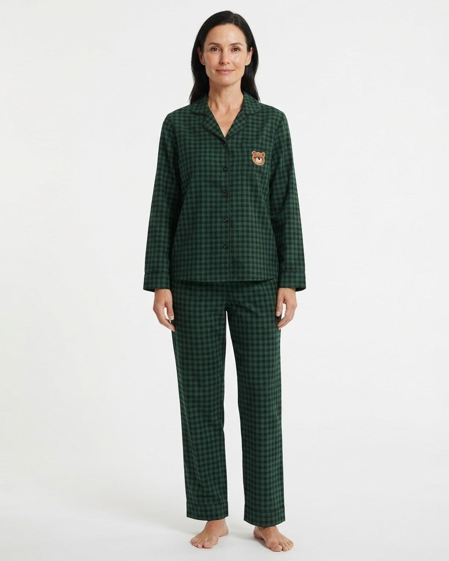 Women's Christmas Pajama Set, Green Plaid Button-Down Top and Wide Leg Pants with Bear Embroidery, Dark Green