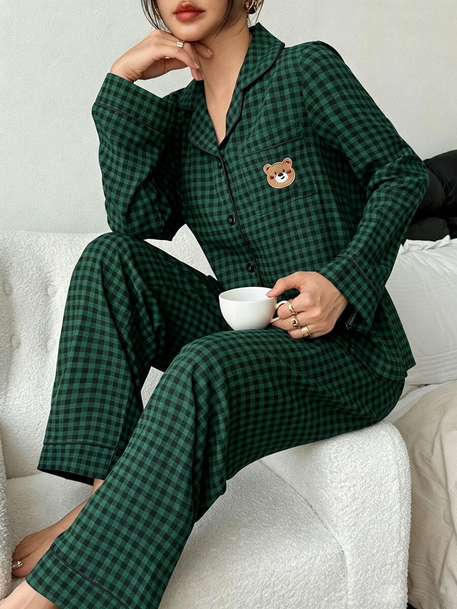 Women's Christmas Pajama Set, Green Plaid Button-Down Top and Wide Leg Pants with Bear Embroidery, Dark Green