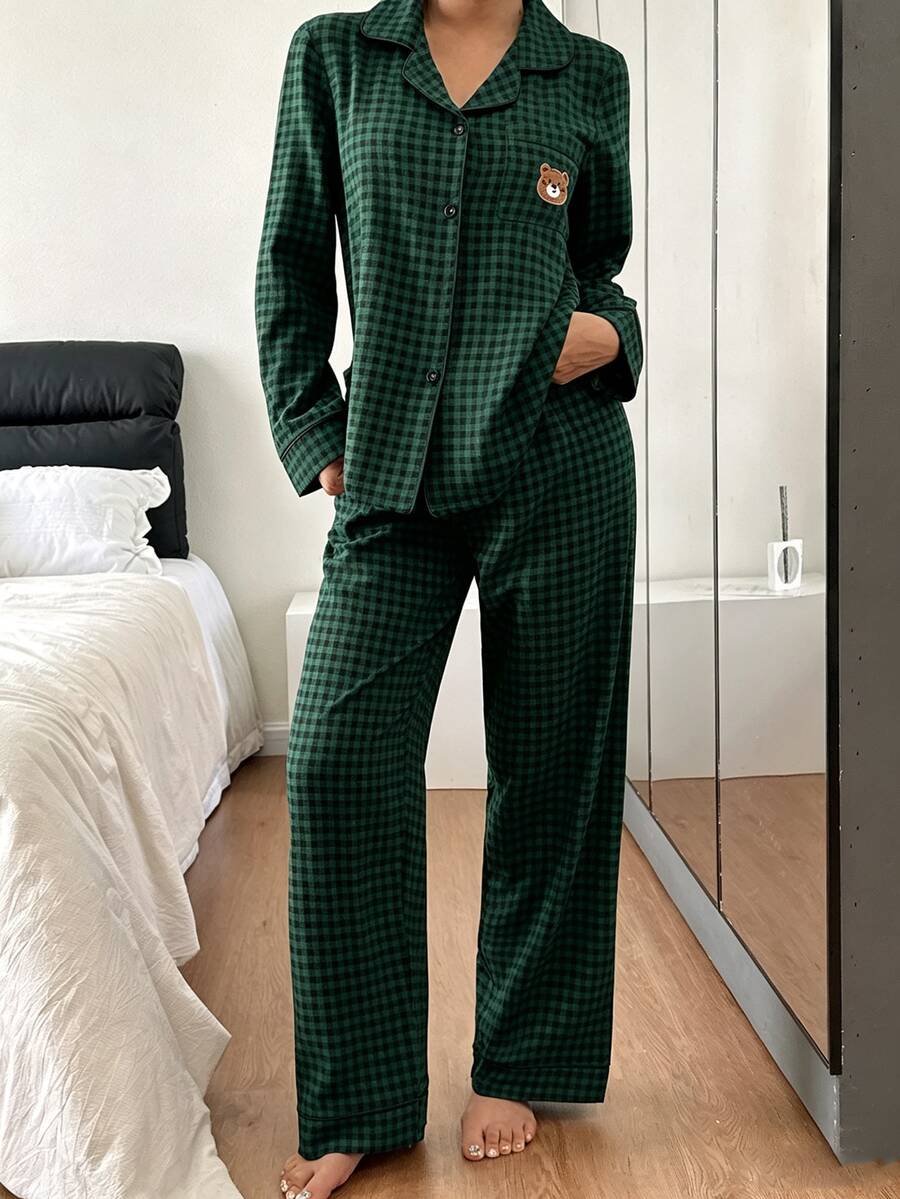 Women's Christmas Pajama Set, Green Plaid Button-Down Top and Wide Leg Pants with Bear Embroidery, Dark Green, view 2