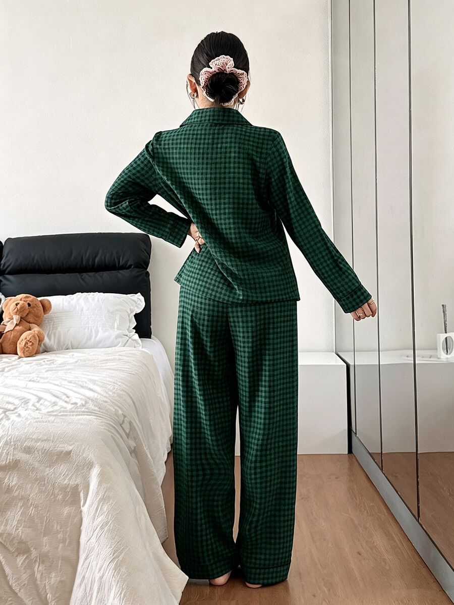 Women's Christmas Pajama Set, Green Plaid Button-Down Top and Wide Leg Pants with Bear Embroidery, Dark Green, view 3