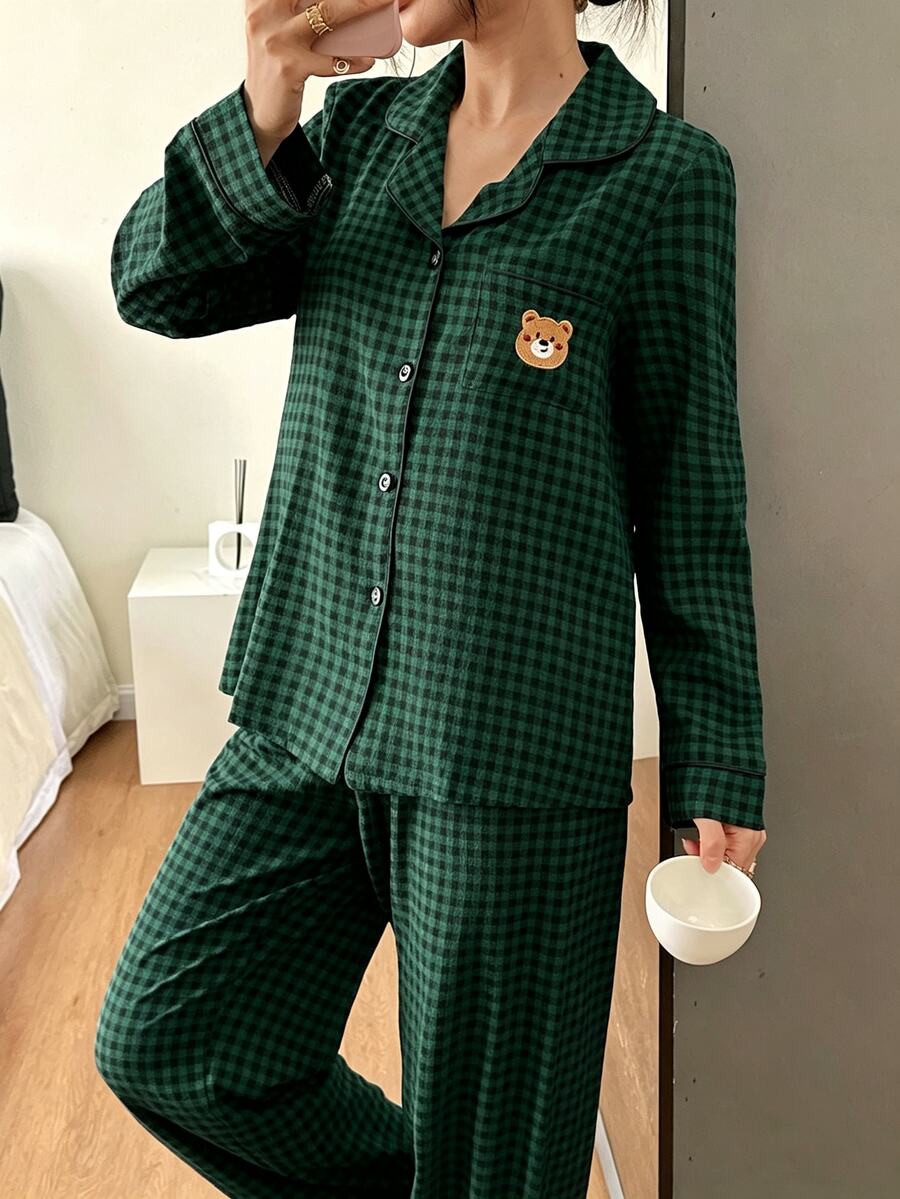 Women's Christmas Pajama Set, Green Plaid Button-Down Top and Wide Leg Pants with Bear Embroidery, Dark Green, view 5