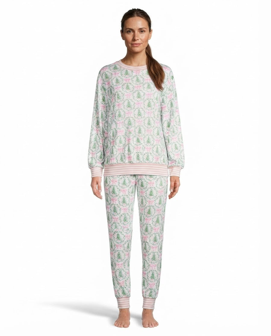 Women's Christmas Pajama Set, Pink Bow and Green Tree Print Top with Jogger Pants, Striped Cuffs, 1 Top + 1 Pair Of Pants